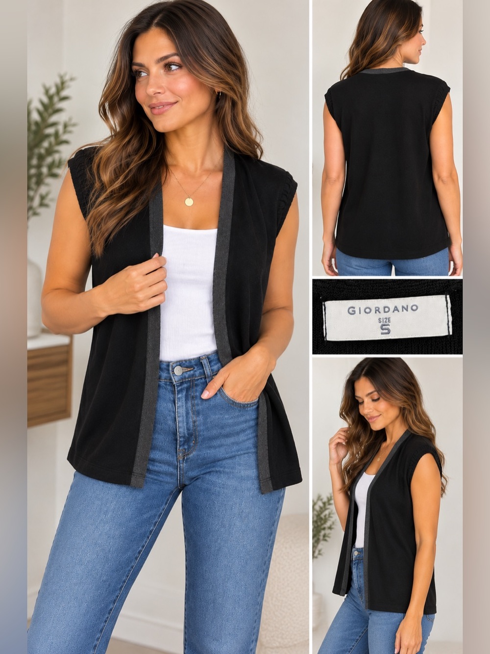 Giordano Black Open Front Sleeveless Long Vest Cardigan Size S